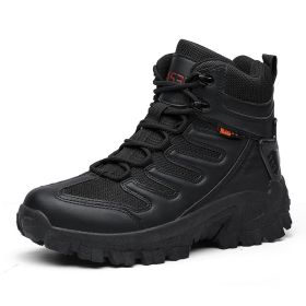 Large Size Combat Boots Men Desert Camping Non-slip Wear-resistant Sport High Top Footwear Outdoor Mountaineering Casual Shoes (Color: Black)