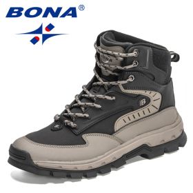 BONA 2022 New Designers High-Top Hiking Boots Men Action Leather Outdoor Wear-Resistant Non-Slip Snow Shoes Man Ankle Boots Soft (Color: Medium grey black)