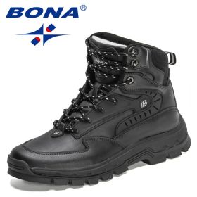 BONA 2022 New Designers High-Top Hiking Boots Men Action Leather Outdoor Wear-Resistant Non-Slip Snow Shoes Man Ankle Boots Soft (Color: Black silver gray)