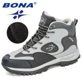 BONA 2022 New Arrival Action Leather Hiking Shoes Men Trekking Sneakers Mountain Plush Snow Boots Man Anti-Slippery Footwear (Color: Light gray dark grey)