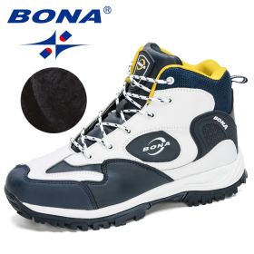 BONA 2022 New Arrival Action Leather Hiking Shoes Men Trekking Sneakers Mountain Plush Snow Boots Man Anti-Slippery Footwear (Color: White D blue yellow)