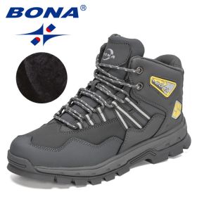 BONA 2022 New Designers Action Leather Plush Hiking Boots High Top Walking Shoes Men Work Mountain Sport Ankle Boots Mansculino (Color: Dark grey yellow)