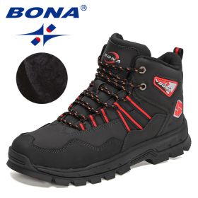 BONA 2022 New Designers Action Leather Plush Hiking Boots High Top Walking Shoes Men Work Mountain Sport Ankle Boots Mansculino (Color: Charcoal grey red)