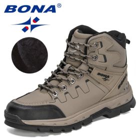 BONA 2022 New Designers Action Leather Hiking Shoes Men Winter Trekking Ankle Boots Man Top Quality Fashion Plush Boots Male (Color: Medium grey black)