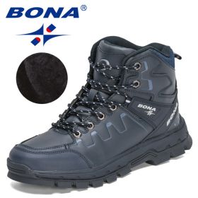 BONA 2022 New Designers Action Leather Hiking Shoes Men Winter Trekking Ankle Boots Man Top Quality Fashion Plush Boots Male (Color: Deep blue S gray)